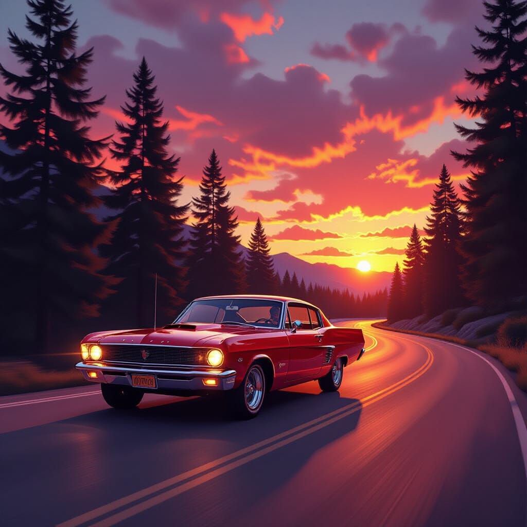 Crimson 1960s Muscle Car Speeds on Sunset Road