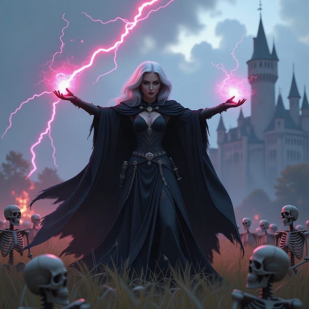 Drow Sorceress Commands Skeletons Under Crimson Lightning