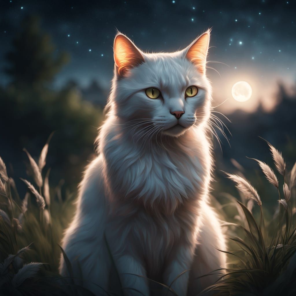 Ethereal Cat Spirit Beside Owner Under Starry Night Sky