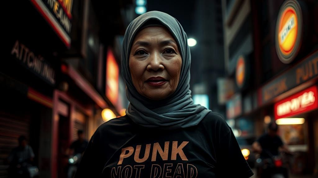 Punk Malay Muslim Woman in Cinematic Film Still