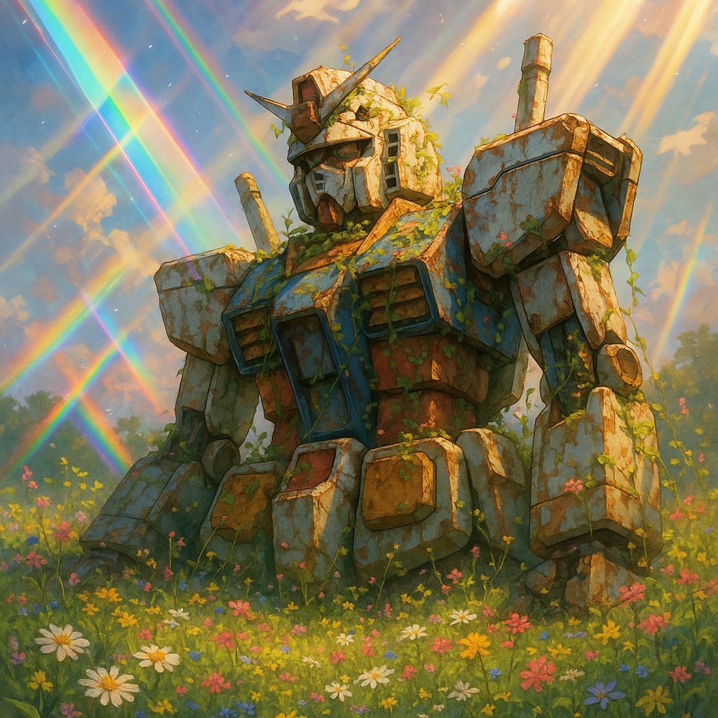 Gundam in Flower Field with Rainbow Refraction