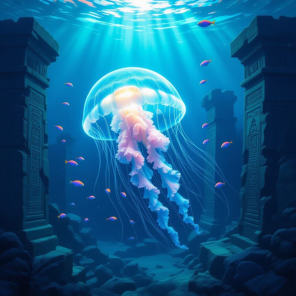 Bioluminescent Jellyfish in Ancient Underwater City Ruins