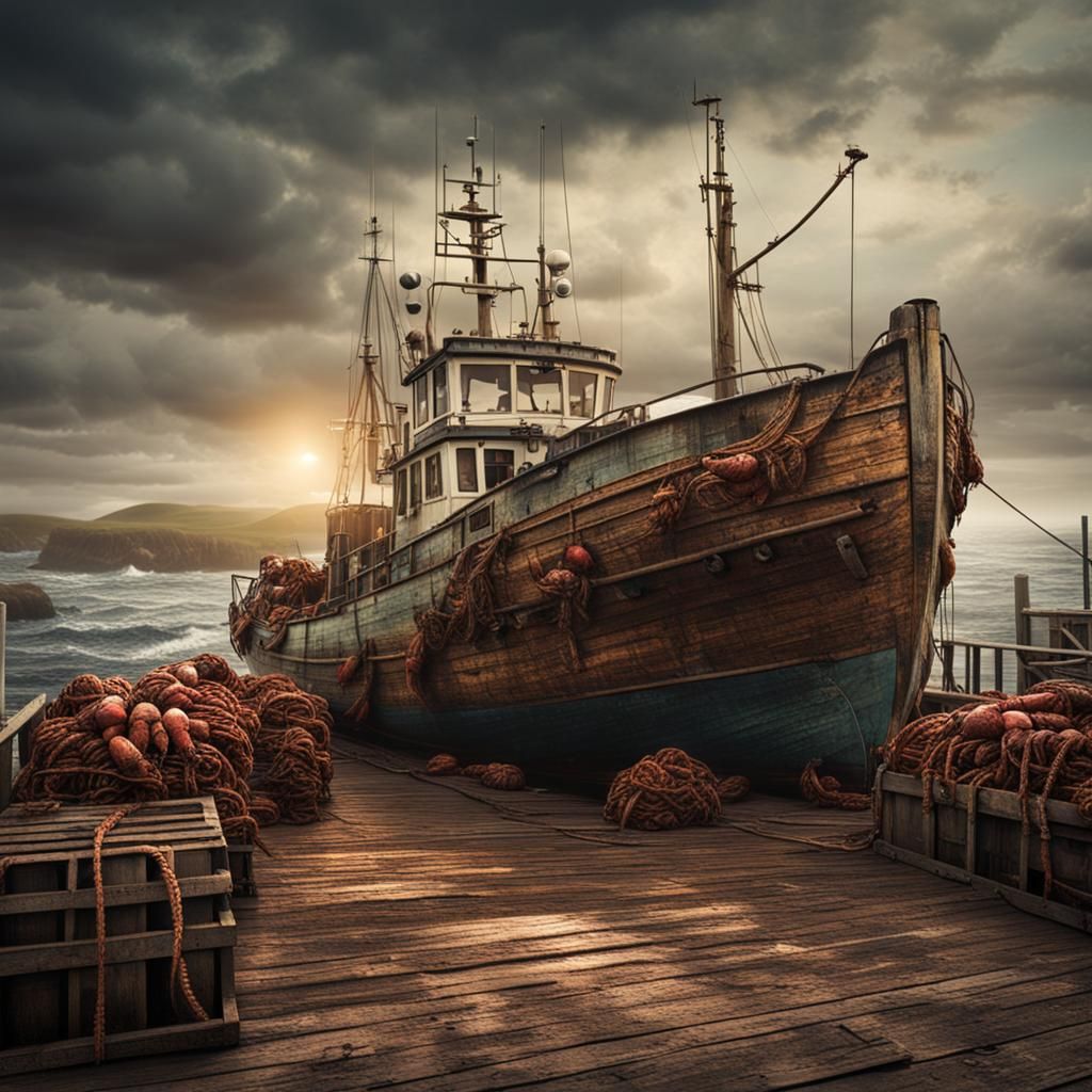 Weathered Trawler Returns to Port with Lobster Catch