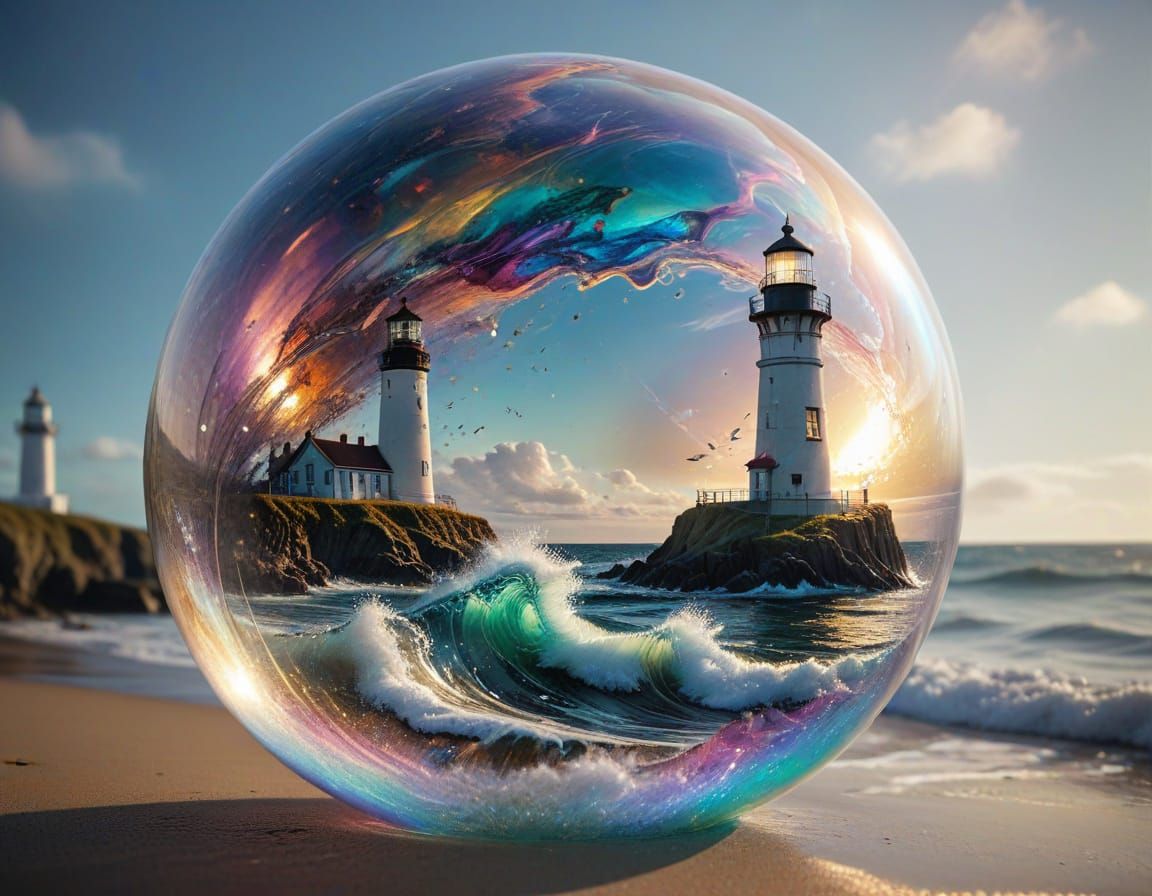 Seascape in Iridescent Bubble: Mixed Media Art