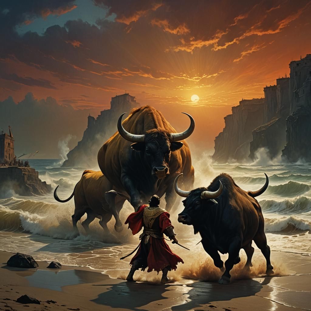 Torero Versus Giant Bull in Dreamlike Arena