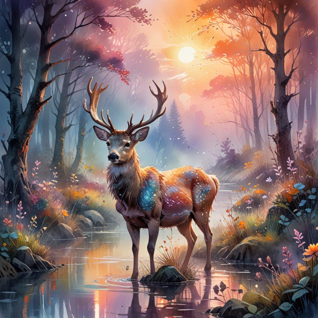 Epic Deer in Morning Mist, Watercolour Illustration
