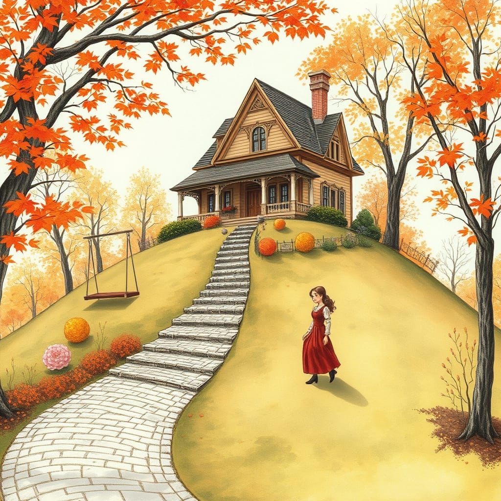 Whimsical Victorian House in Autumn Storybook Illustration
