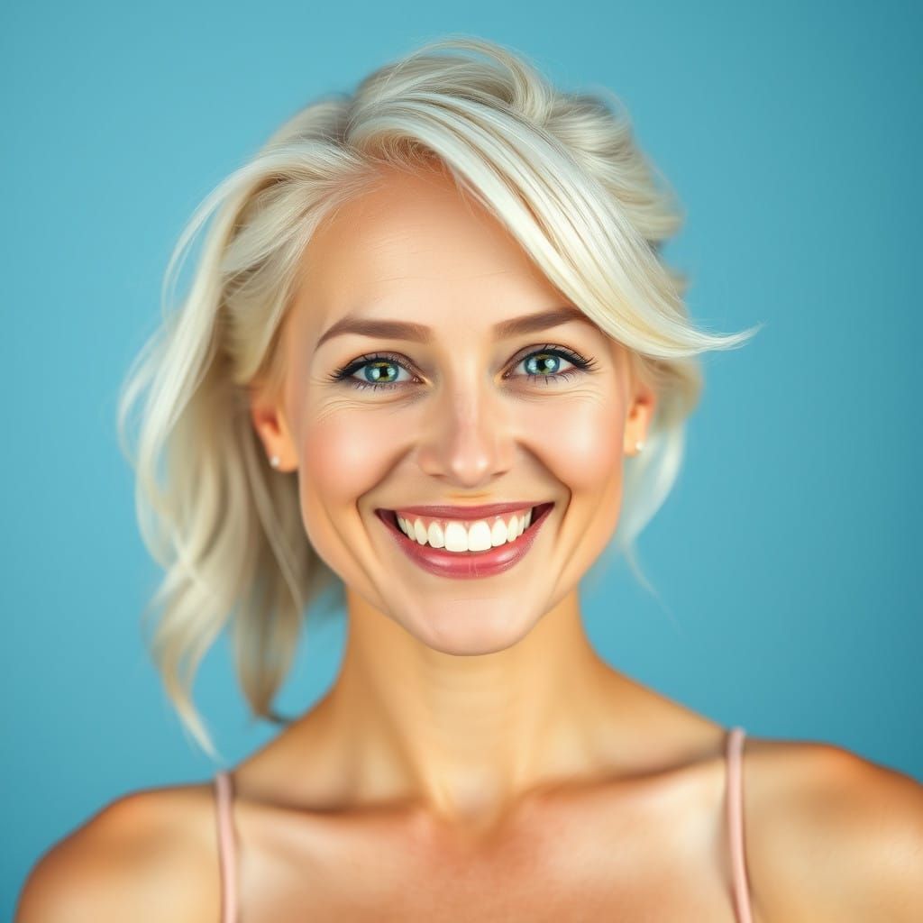 Chiseled Blonde Goddess in Radiant Blue