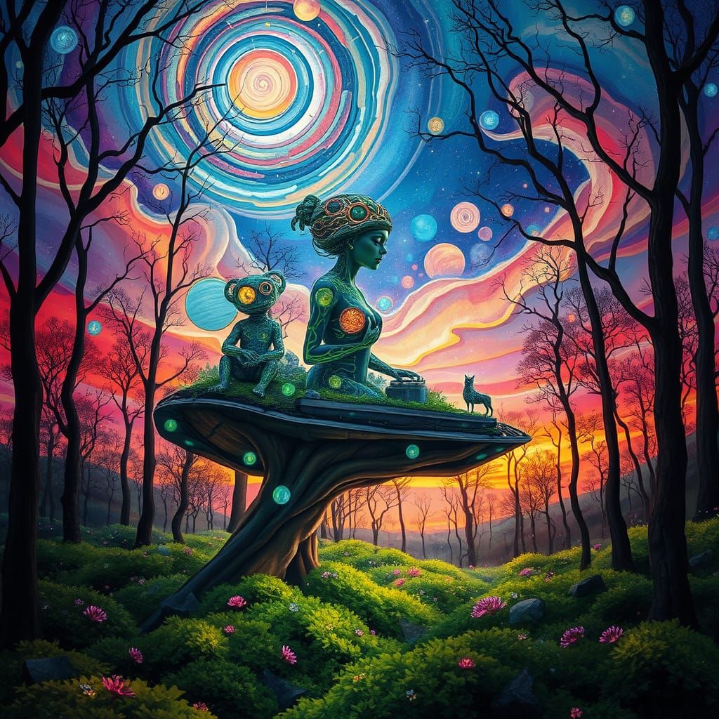 Surreal Stained Glass Forest Glade with Swirling Nebulae