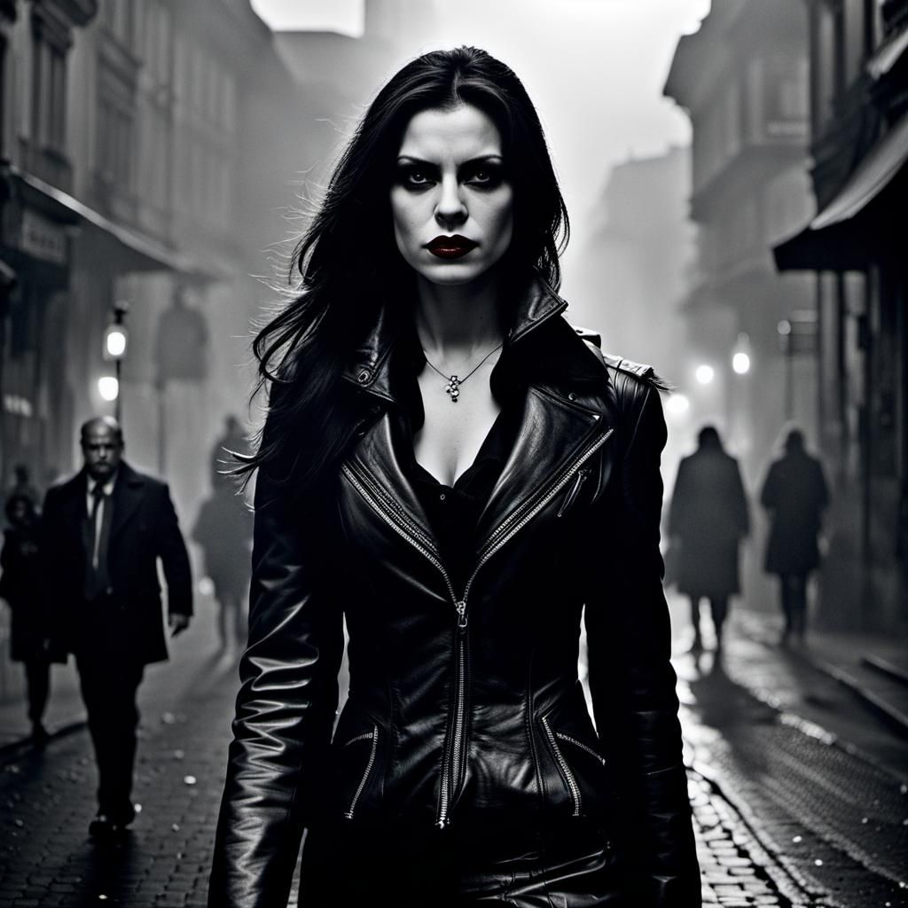 Vampiress in Misty City Street: Black and White Portrait