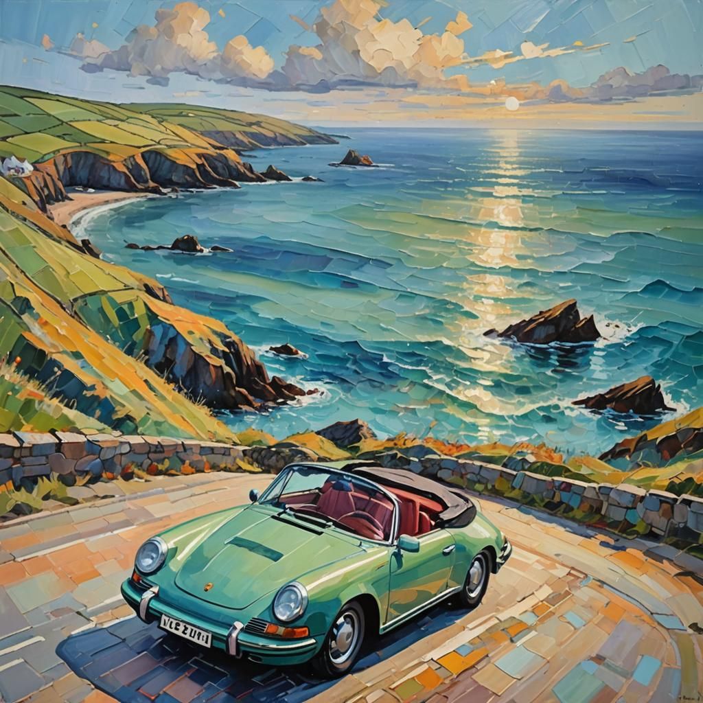 Porsche Cabriolet on Cornish Coast, Expressionist Oil Painti...