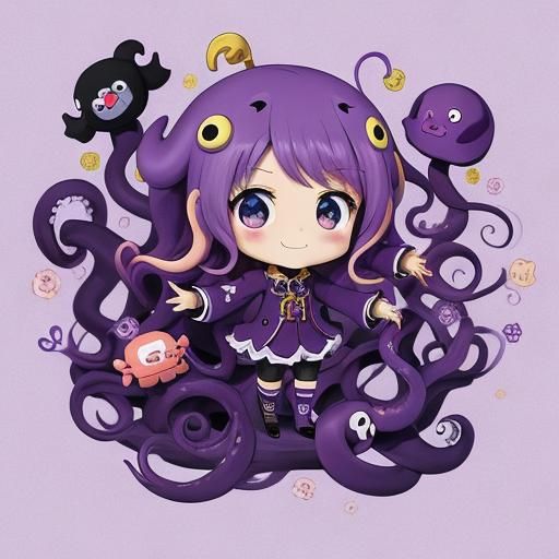 Chibi Purple Octopus in Anime Style