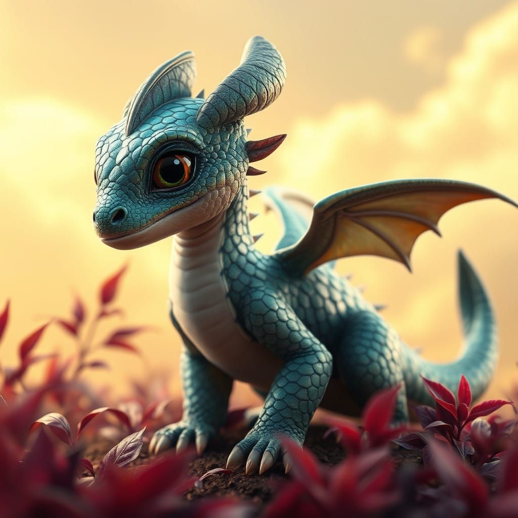 Whimsical Baby Dragon in a Fantasy Landscape