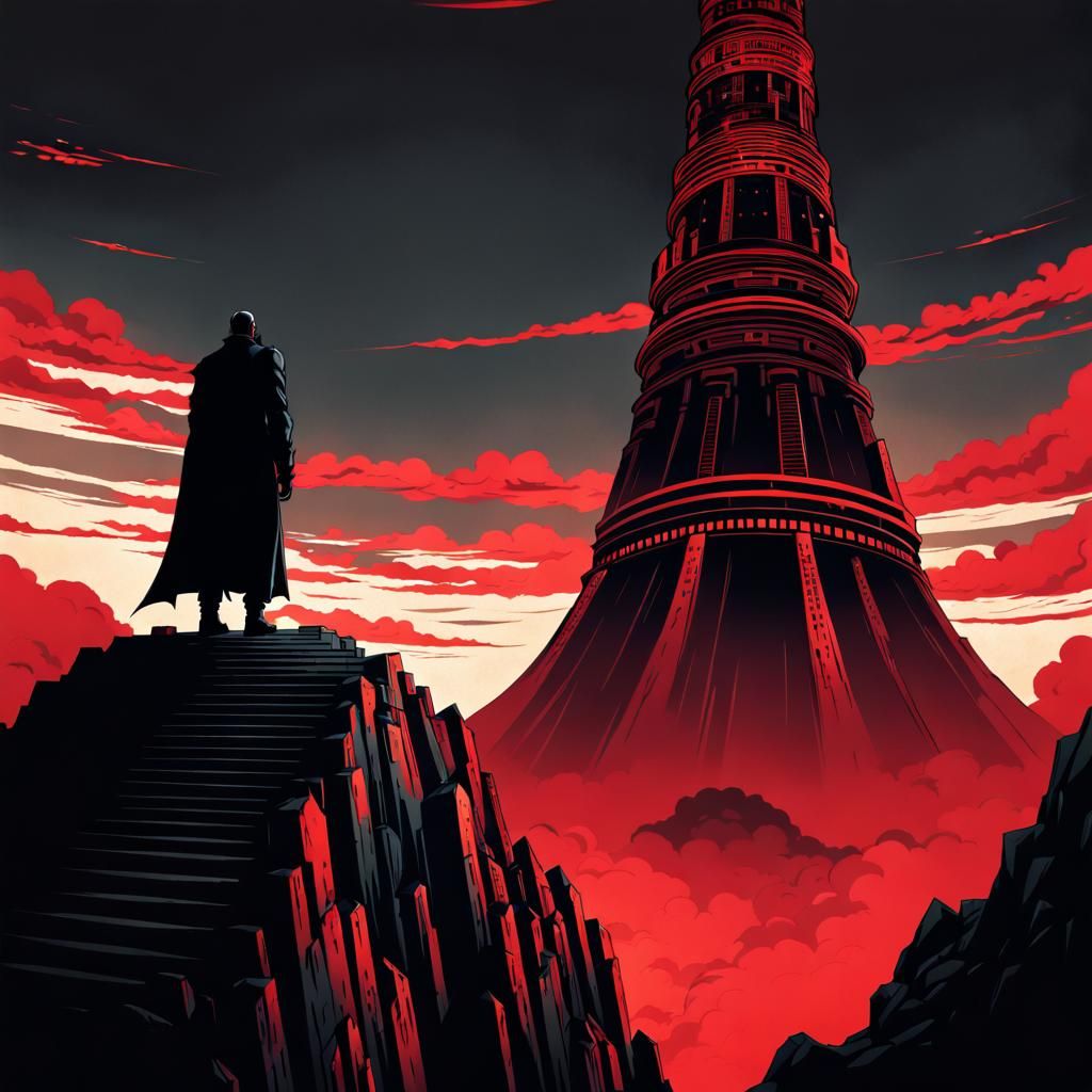 Towering Giant with Red Eyes in Anime Style