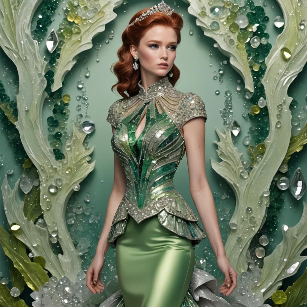 Woman in Crystal Stalactite Dress in Ballroom