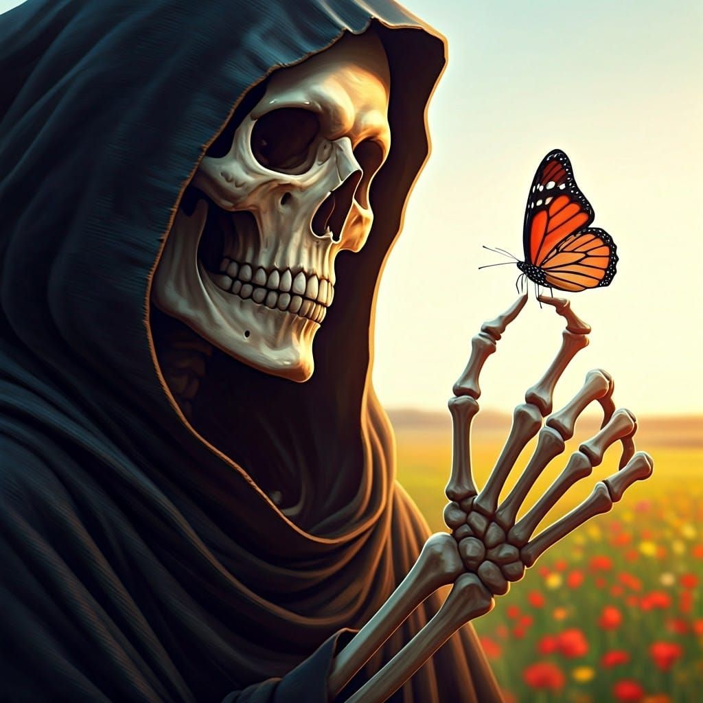 Grim Reaper's Gentle Touch: Butterfly in Hand