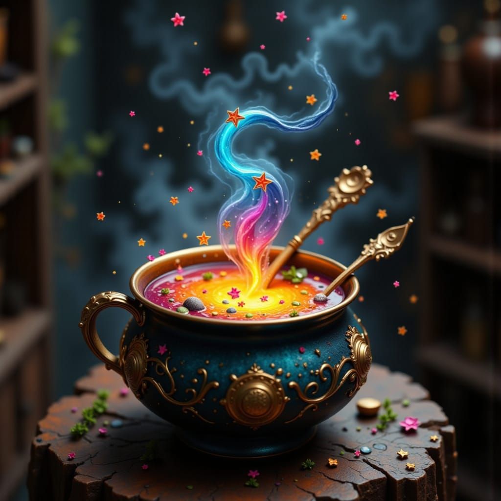 Magical Rainbow Soup Cauldron with Orbiting Spoons