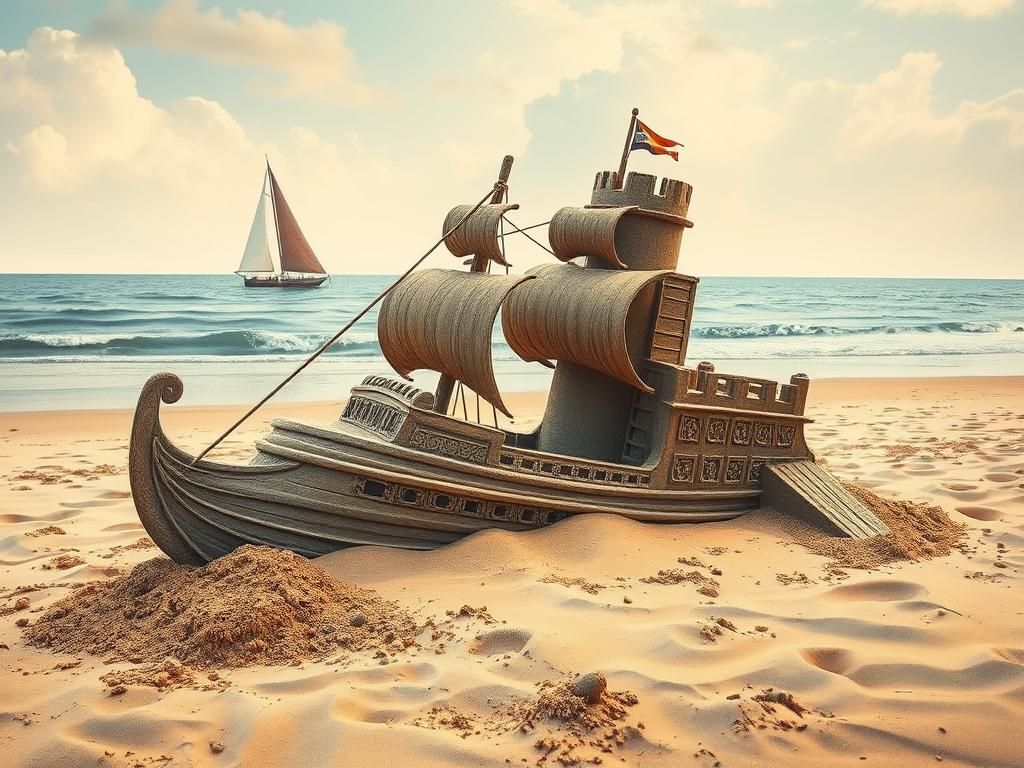 Ship and Castle Sand Sculpture on a Beach