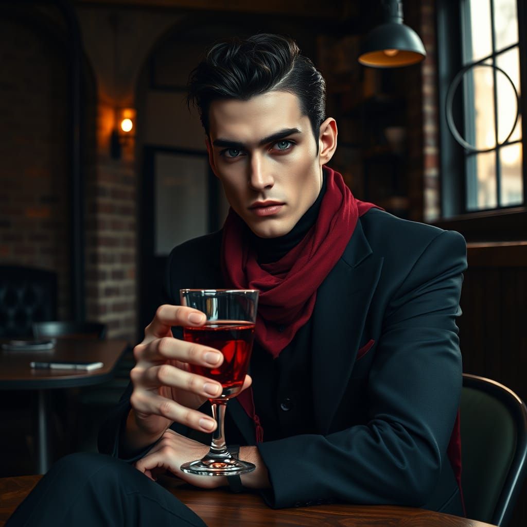 Refined Vampire in Dark Minimalist Café