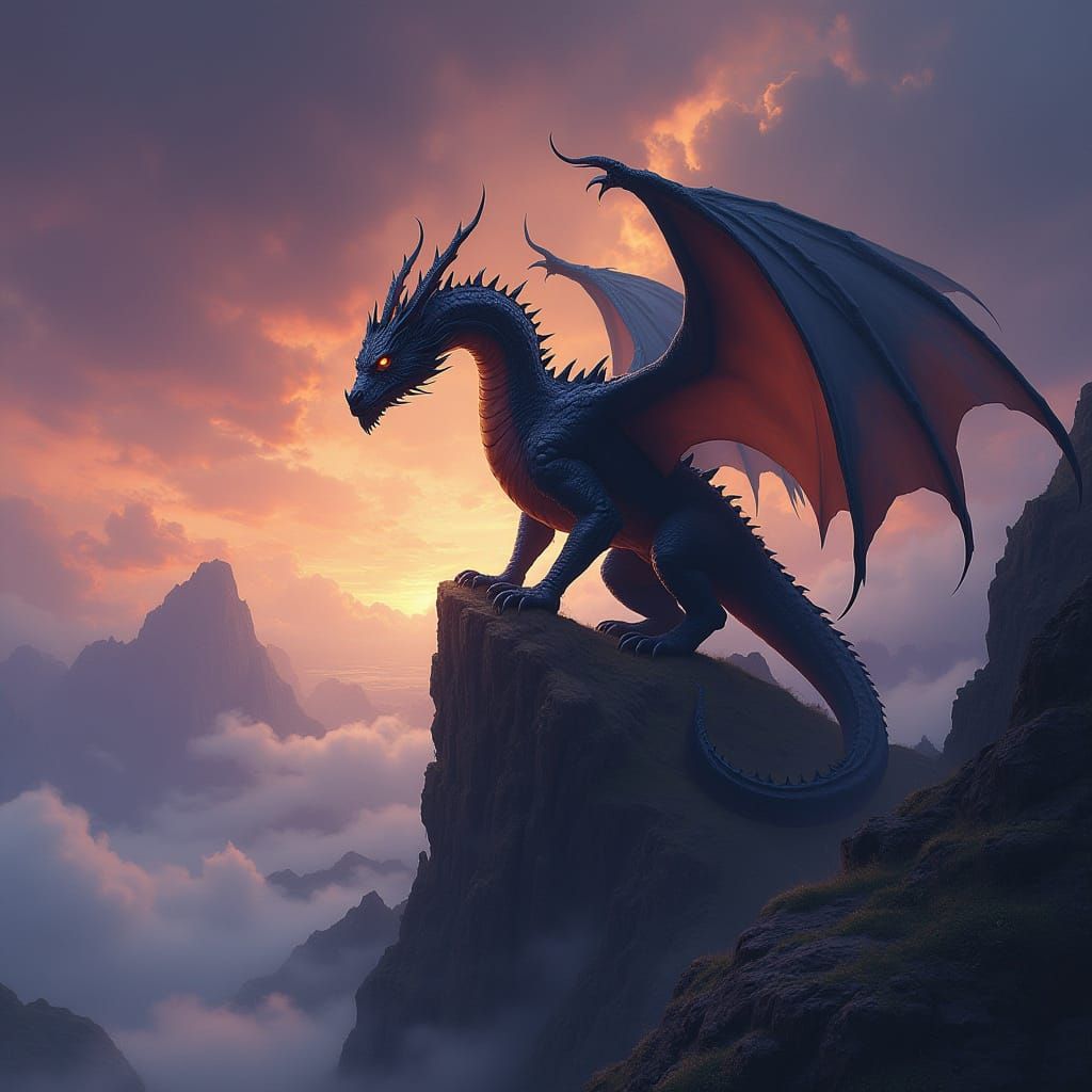 Ancient Obsidian Dragon on Mountain Peak