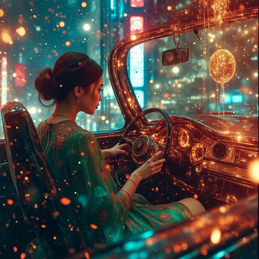 Cyberpunk Witch Pilots Hovercar Through Neon City