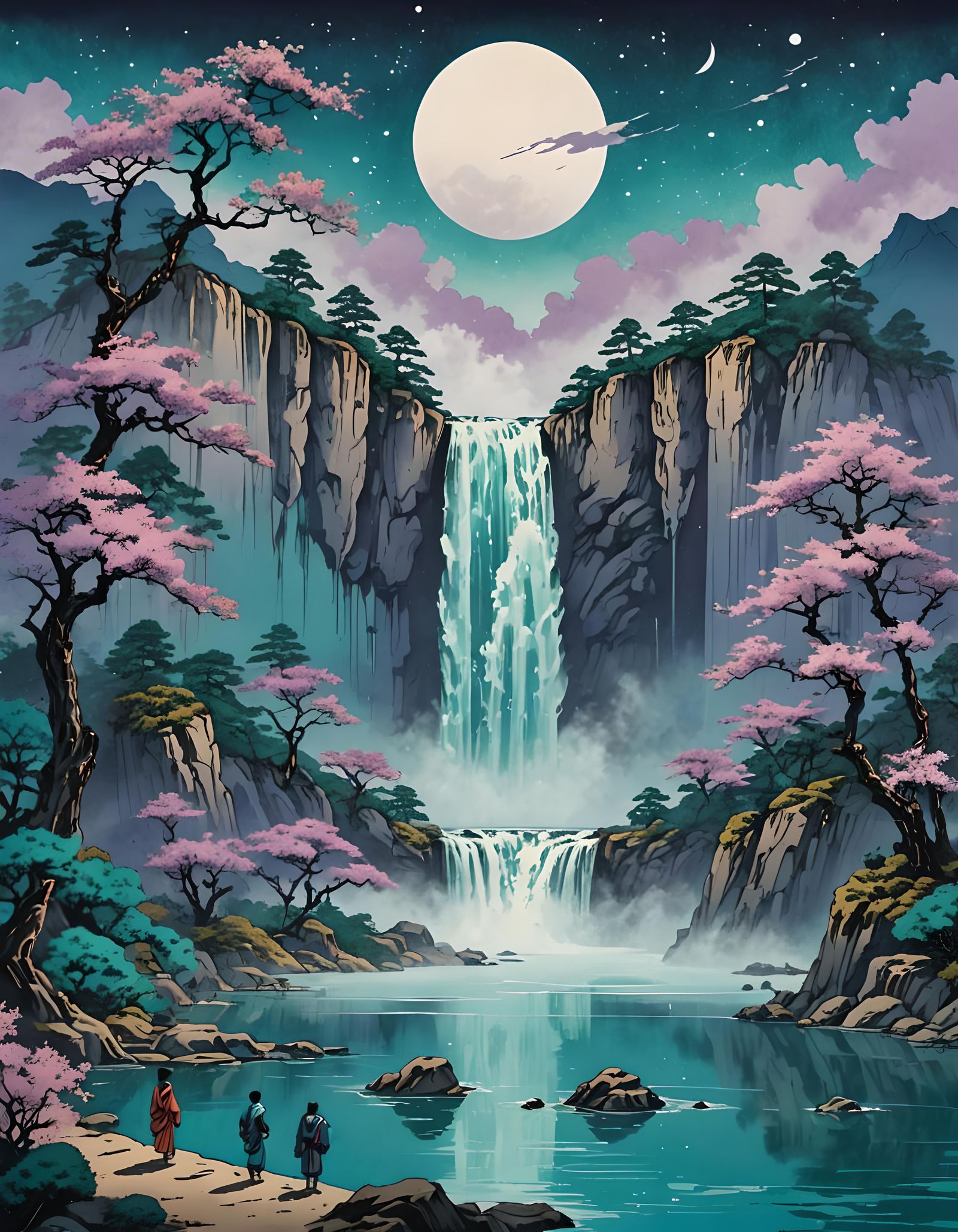Majestic Waterfall on Purple Planet in Ukiyo-e Style