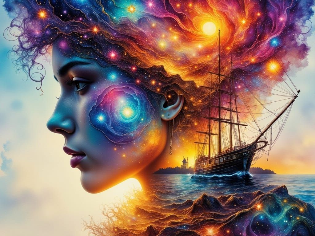 Sailor in Double Exposure Galaxy Ocean, Watercolor Style