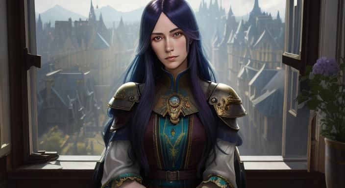 Dreamy Girl with Rainbow Hair in Castle Window