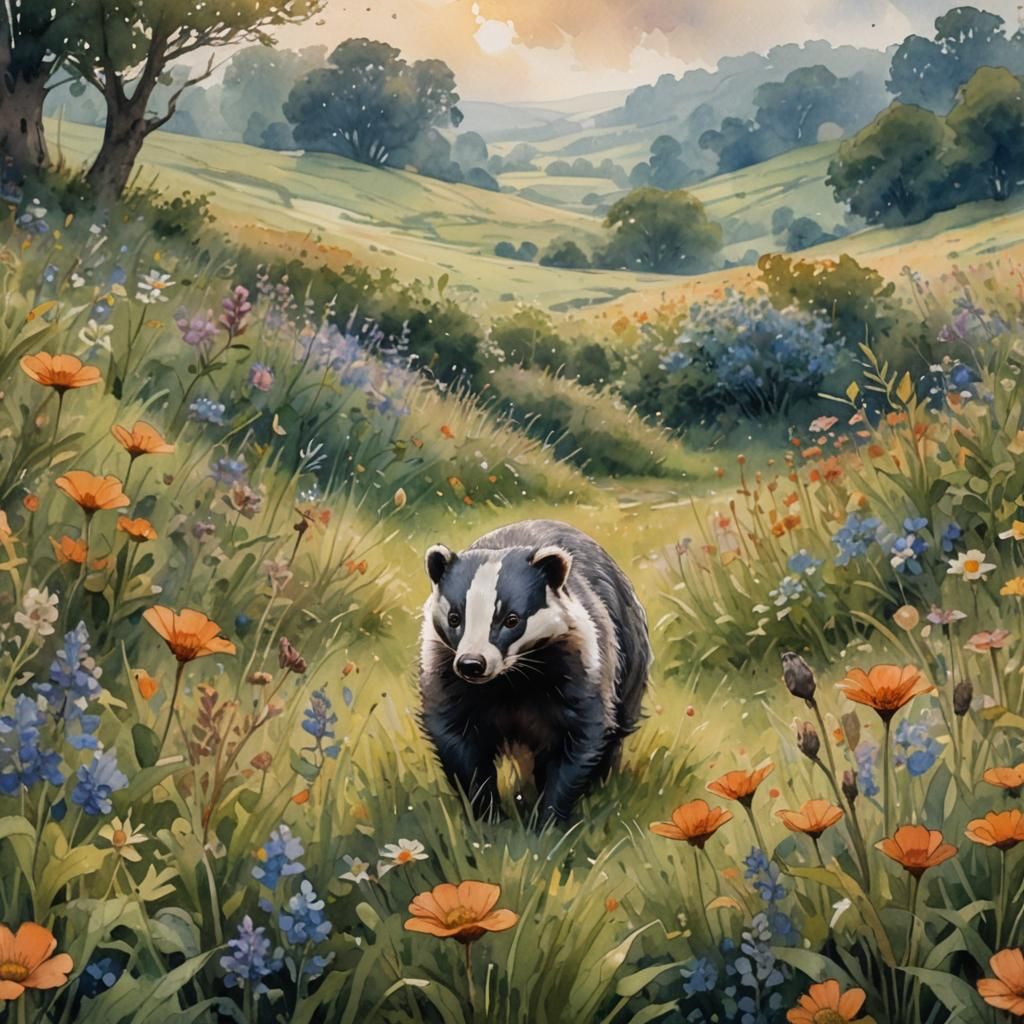 Badger in English Meadow, Watercolor Painting