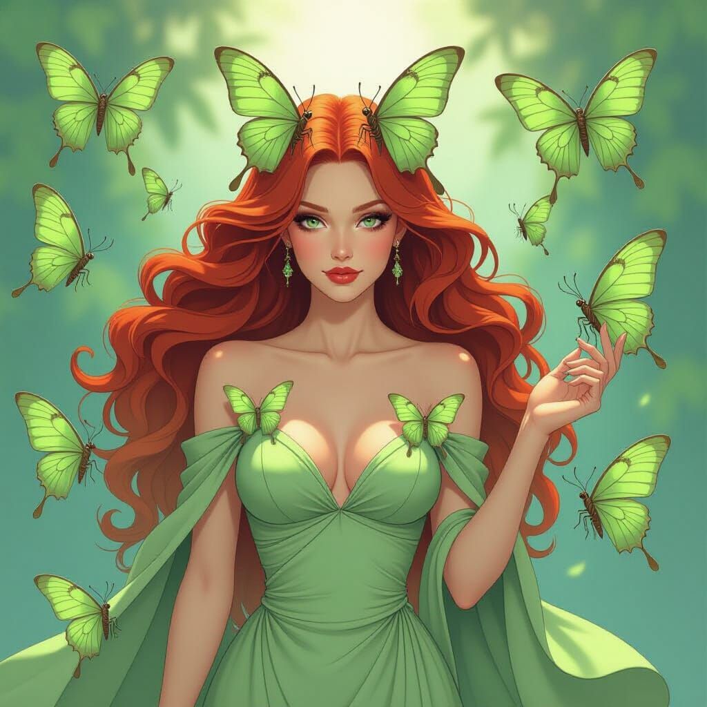Goddess of Luna Moths with Red Hair & Green Dress