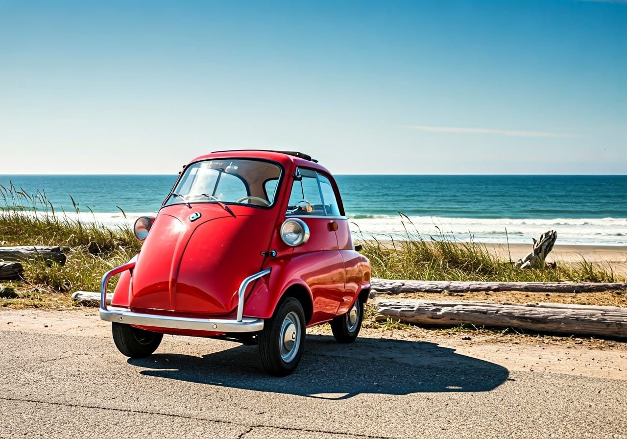 Vintage Red BMW Isetta at Serene Beachside Roadstop