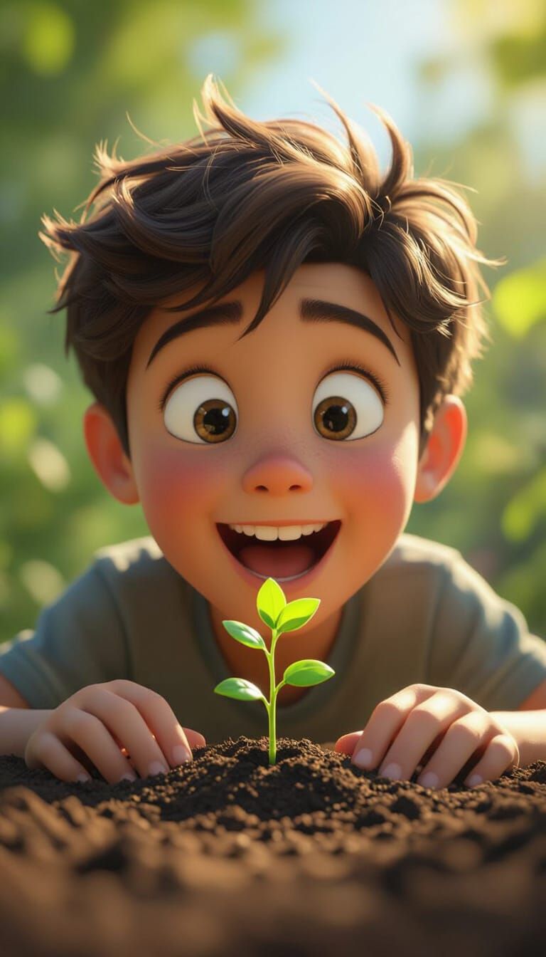 Boy's Joyful Face Watching Sprout Grow in 3D Cinematic Style