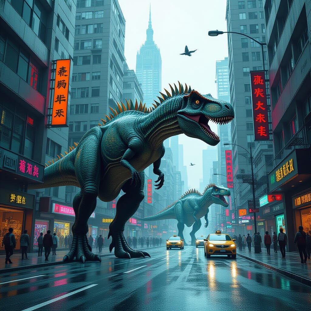 Dinosaurs Roaming a Cyberpunk City Street