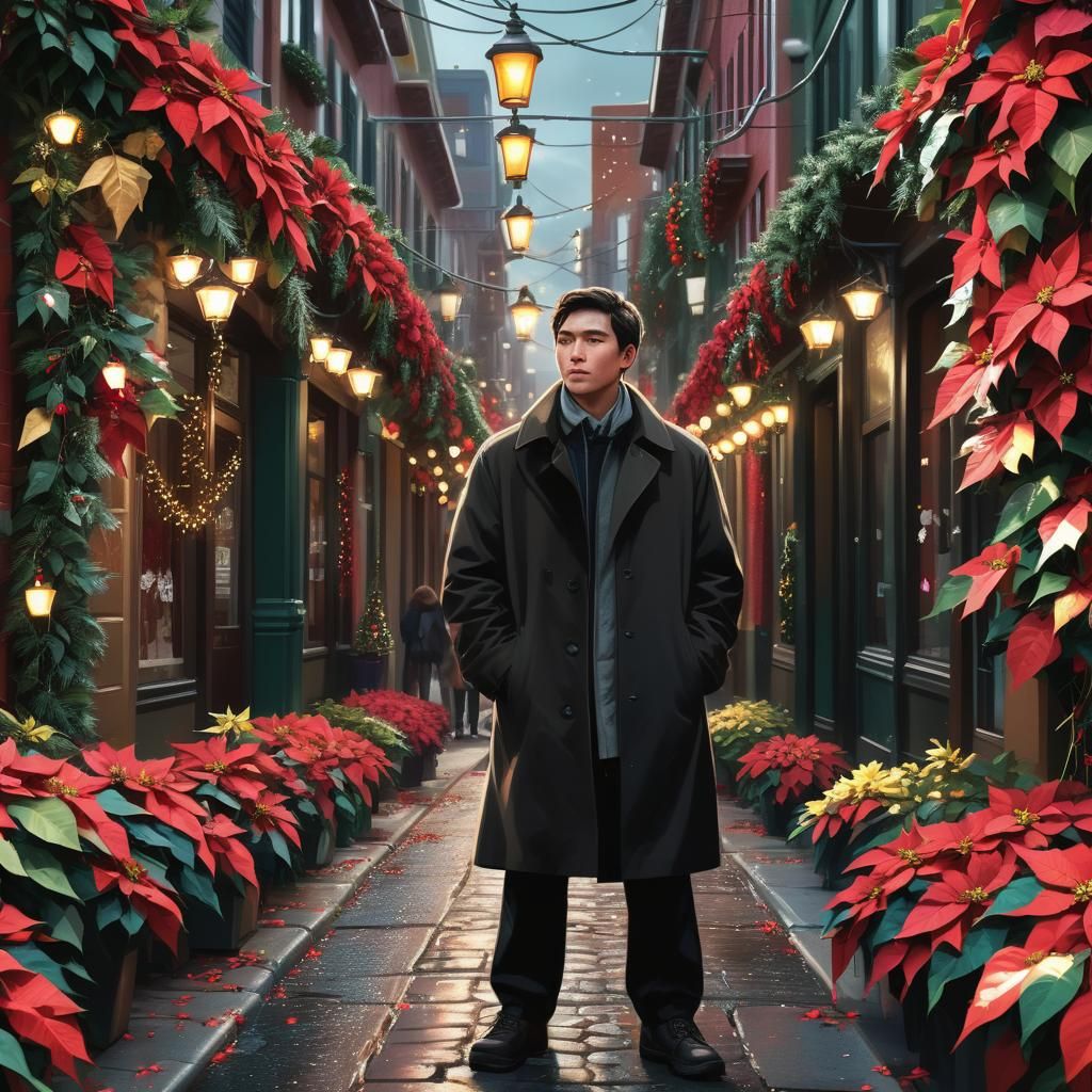 Mystical Poinsettia City Street in Hyperrealistic Style