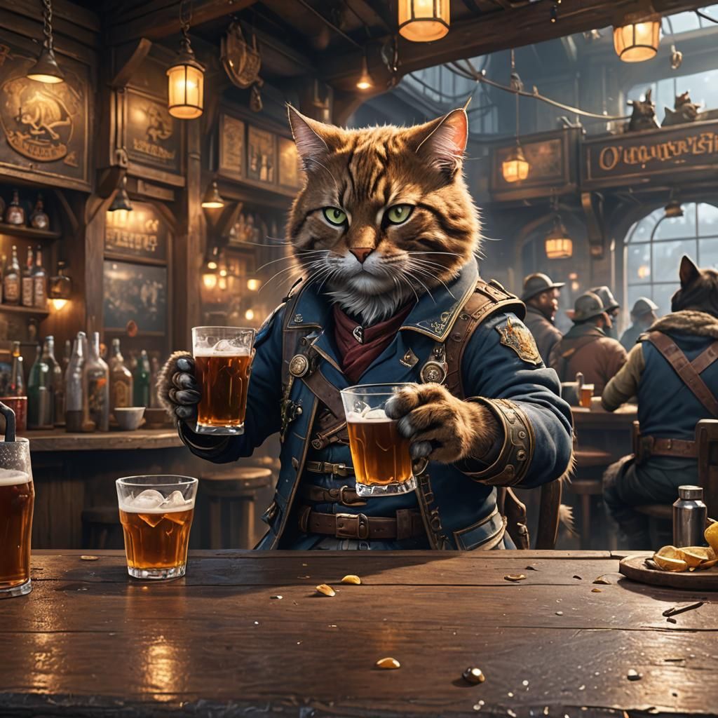Combat Cat Sipping Cider: Fantasy Concept Art