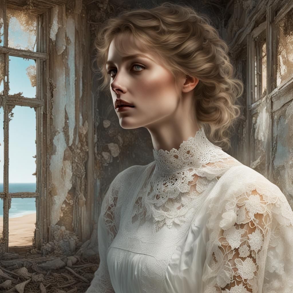 Lady in Lace: Dufaycolor Portrait Reflecting Coastal Decay