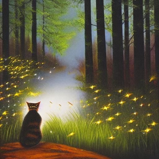 Cat Watching Fireflies at Twilight Forest