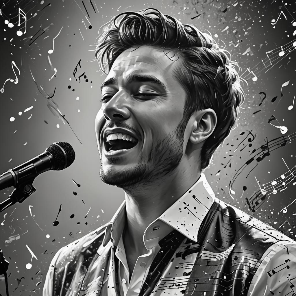Elegant Man Singing in Black and White