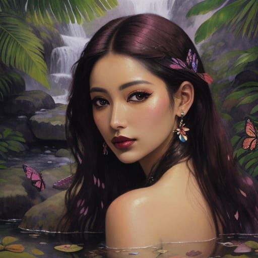 Woman by Tropical Waterfall in Watercolour Style