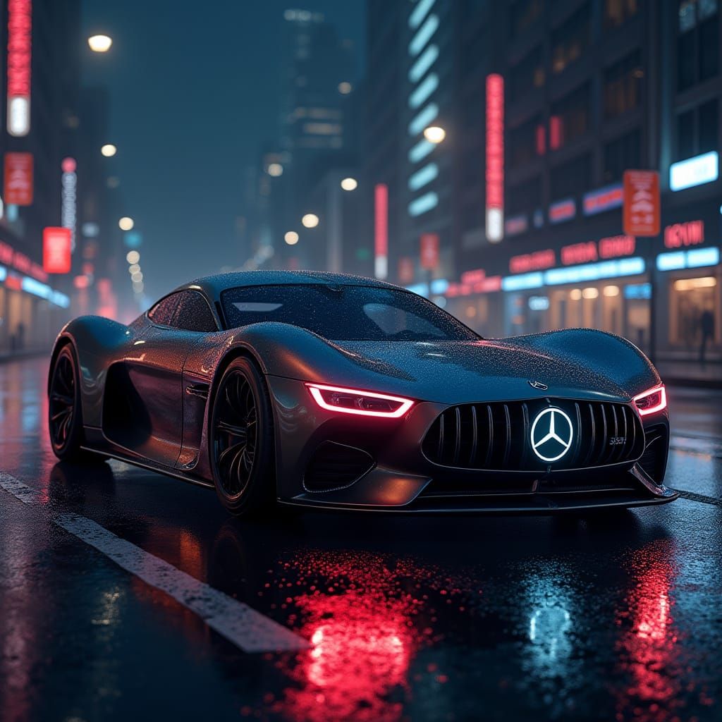 Mercedes Futuristic Sports Car in Neon Cityscape