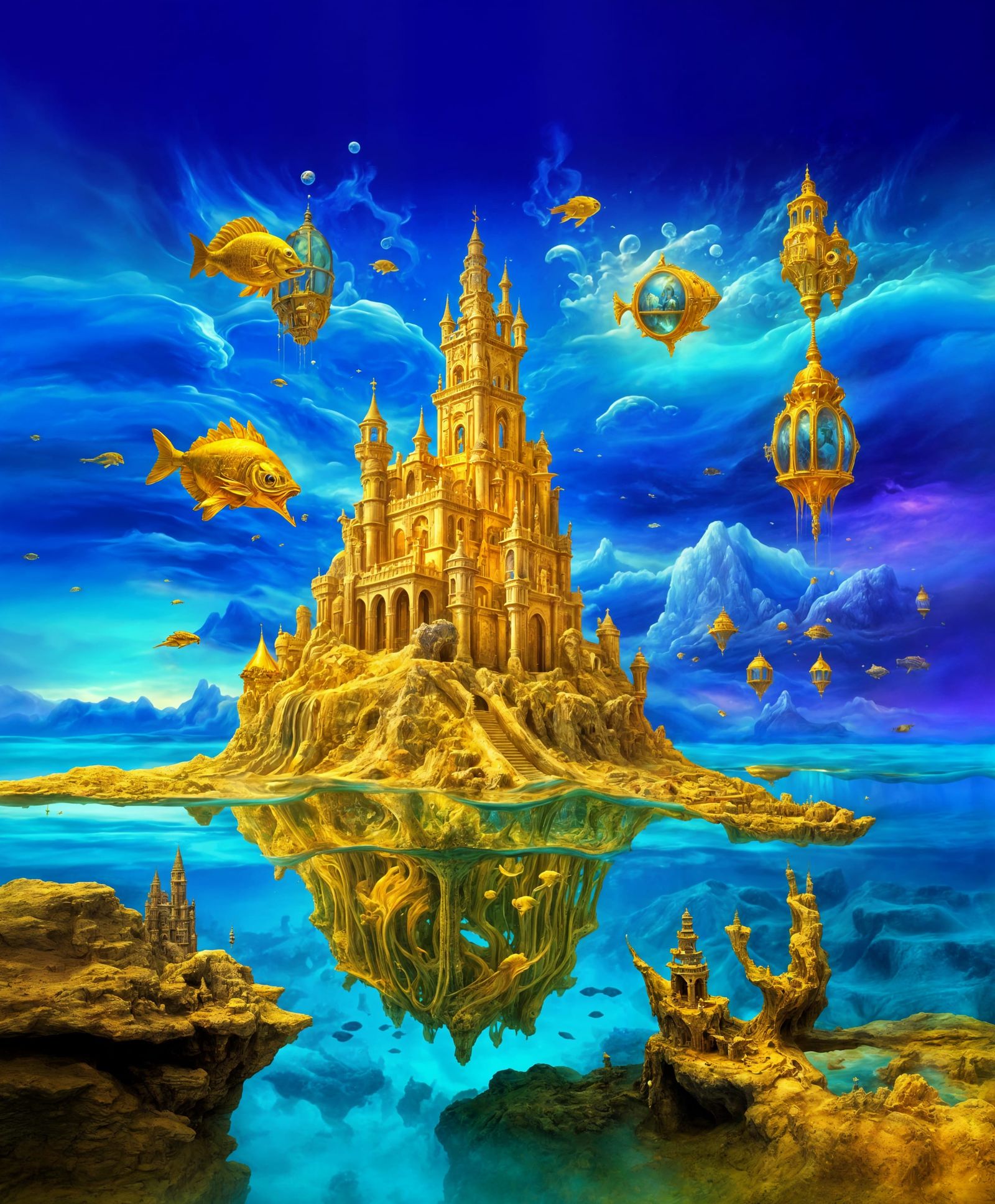 Emperor's Underwater Castle: A Surreal Golden Treasure Trove