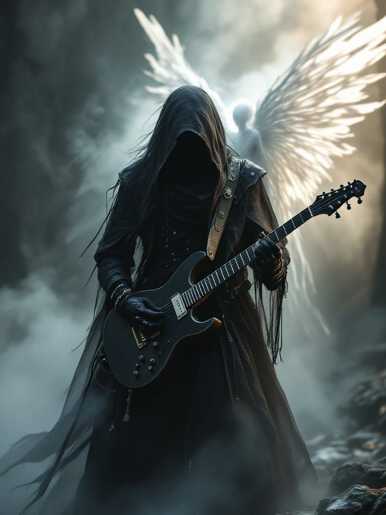 Electric Punk Guitarist in Medieval Dungeon with Ethereal Fa...