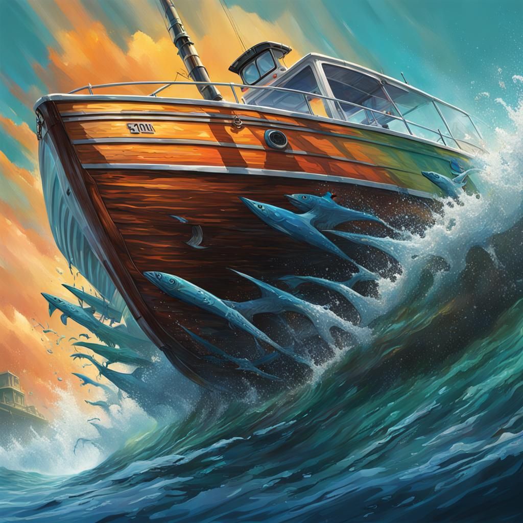 Hyperrealistic Megalodon Fin Surfacing Near Boat