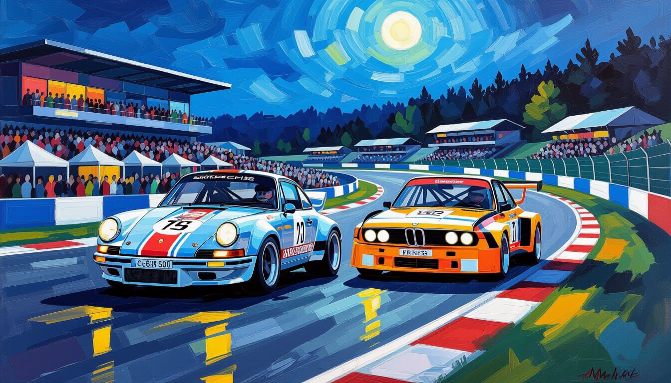 Vintage Race Cars at Spa in Neo-Impressionist Style