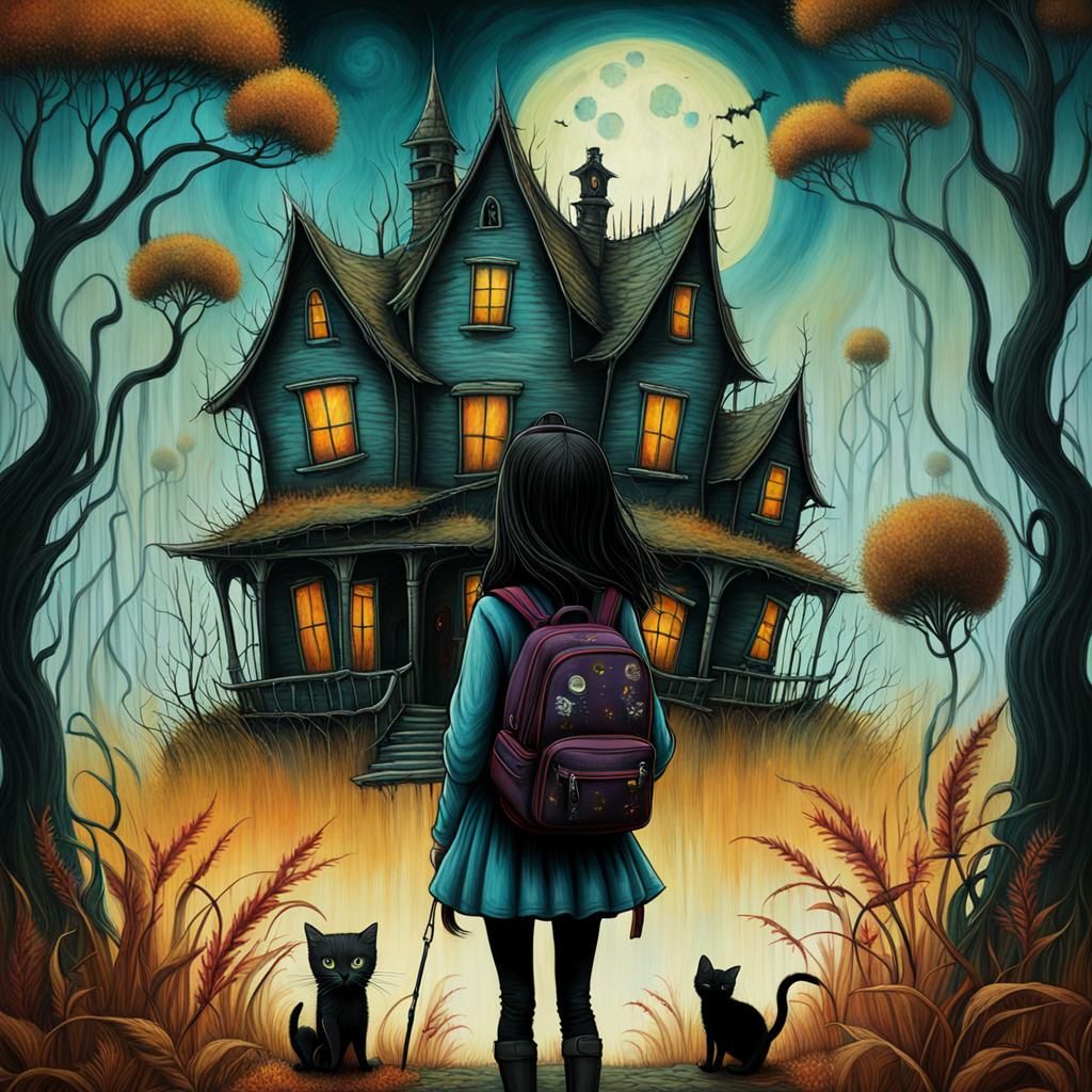 Girl and Kitten at Spooky House: Pop Surrealism