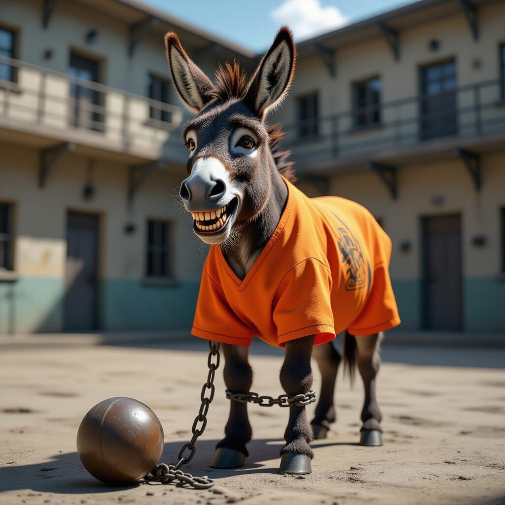 Hyperealistic Donkey in Prison Attire with Ball and Chain