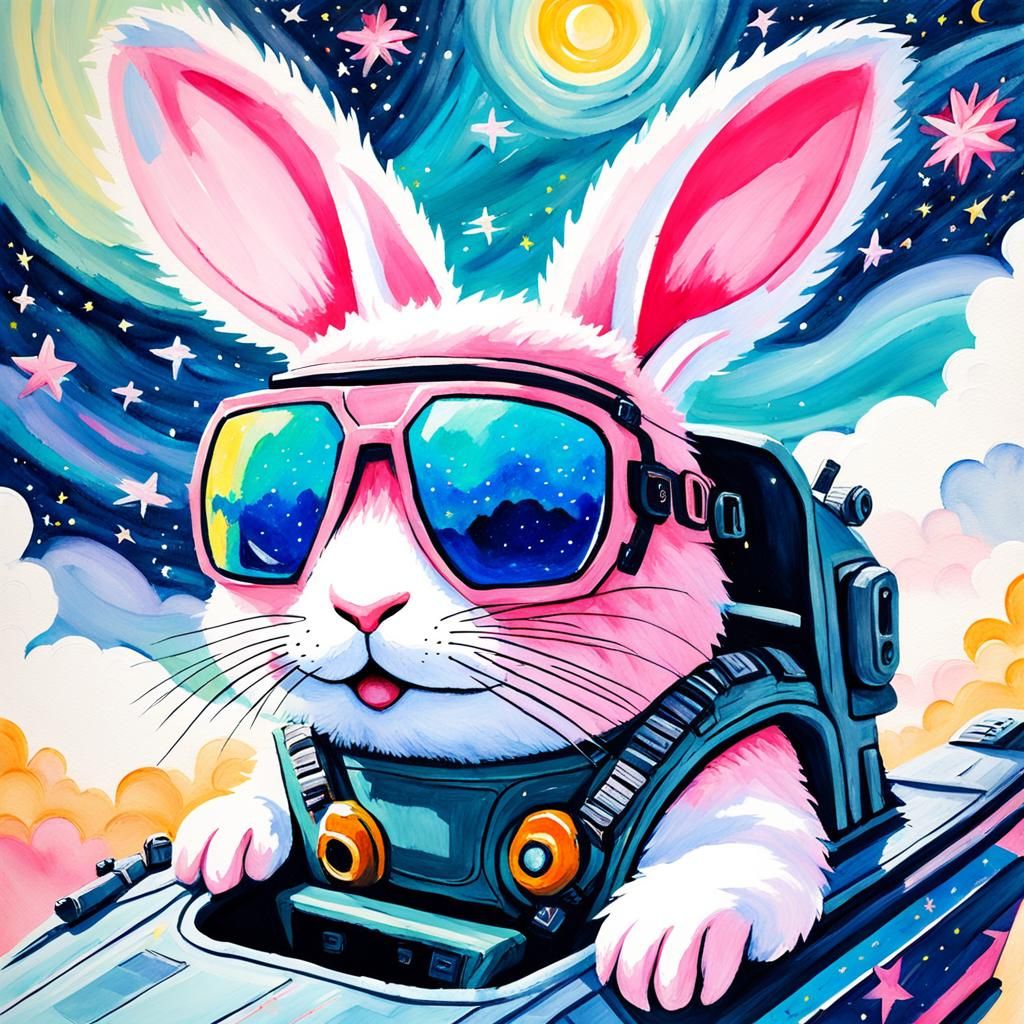 Fluffy Pink Rabbit Pilot in Gouache Style