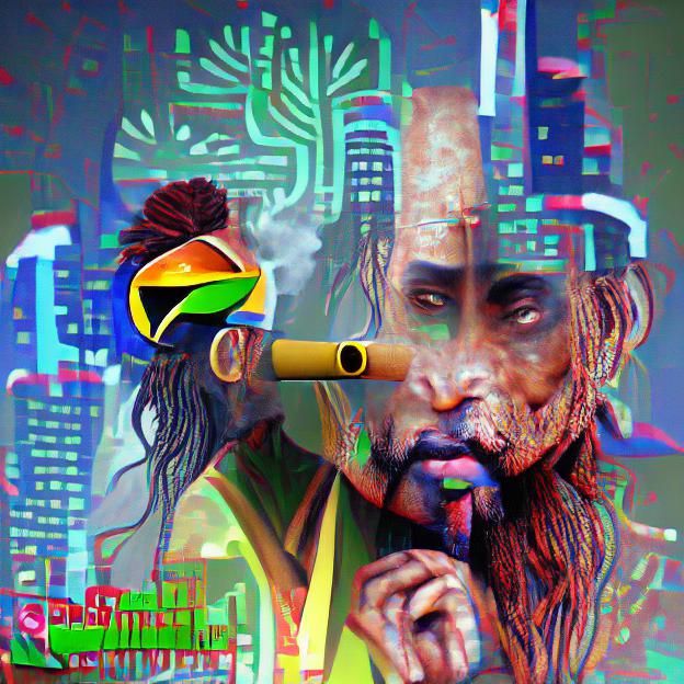 Cyberpunk Rastafarian Smoking: Psychedelic Digital Art
