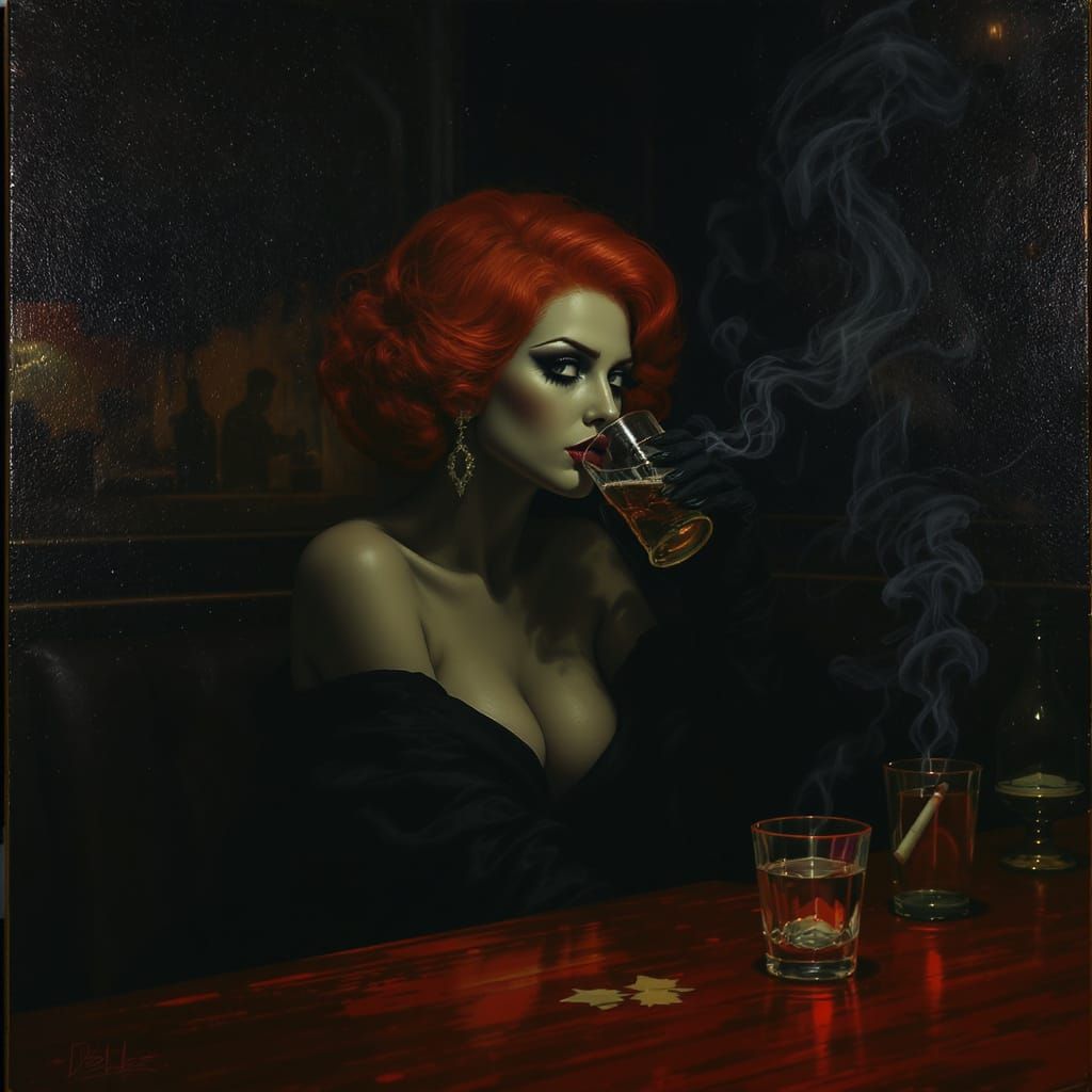 Film Noir Woman in Bar with Red Hair