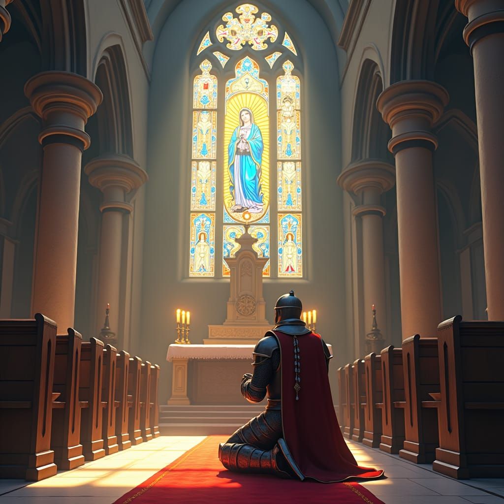 Knight Praying in Cathedral: Ghibli-Inspired Concept Art